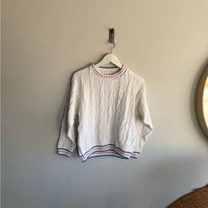 Vintage White Cable Knit Sweater with Pink and Blue Accents